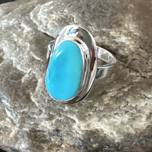 Navajo Sterling Silver Blue Kingman Turquoise Ring | Sz 8.5 | Authentic Native American Handmade | 16594