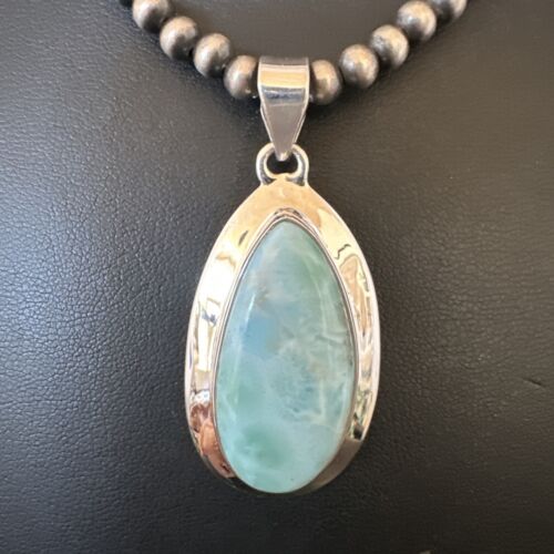Navajo Blue Larimar Pendant Necklace | Sterling Silver Beads | Authentic Native American Handmade | 16485