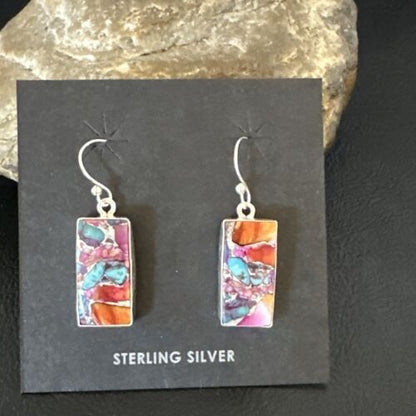 Navajo Blue Turquoise & Red Spiny Oyster Inlay Dangle Earrings | Sterling Silver | Native American Handmade | 15576