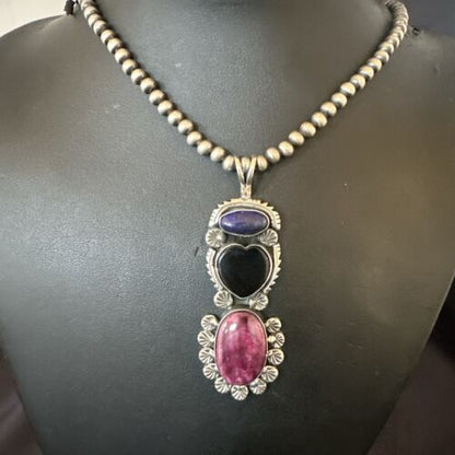 Navajo Black Onyx Purple Spiny 3-Stone Cluster Pendant | Sterling Silver | Authentic Native American Handmade | 17635