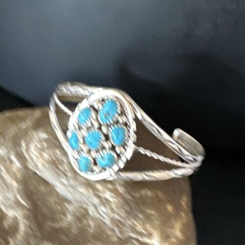 Navajo Blue Turquoise Cluster Bracelet | Sterling Silver | Authentic Native American Handmade | 15069