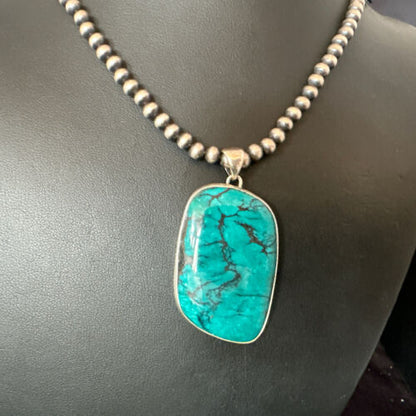 Men's Navajo Blue Spiderweb Turquoise Pendant Necklace | Sterling Silver | Authentic Native American Handmade | 16209
