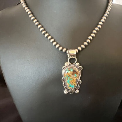 Navajo Blue Turquoise Pendant Necklace | Sterling Silver Pearls | Authentic Native American Handmade | 15657