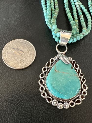 Blue Turquoise Pendant | Navajo Pearls | Sterling Silver Bead Necklace 17" | Multi-Strand | 15993