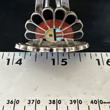 Zuni Blue Turquoise Coral Sunface Cuff Bracelet | Sterling Silver Inlay | Authentic Native American Handmade | 15059