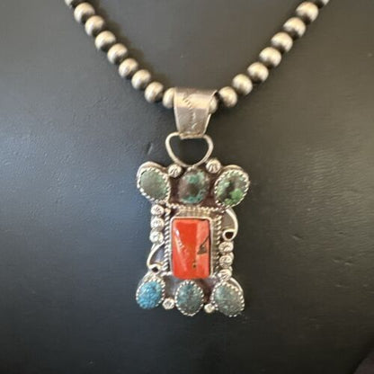 Navajo Turquoise Coral Cluster Pendant Necklace | Sterling Silver | Native American Handmade | 17185