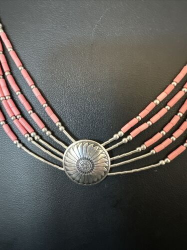 Navajo Concha Pink Conch Heishi 5-Strand Liquid Sterling Silver Necklace 20" | Southwestern Jewelry 15873