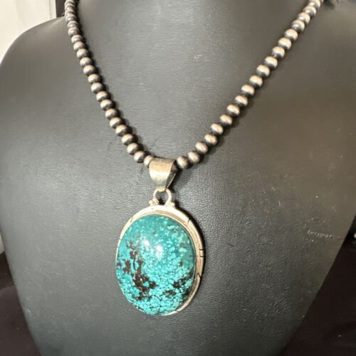 Navajo Blue Spiderweb Turquoise Pendant Necklace | Sterling Silver | Authentic Native American Handmade | 16199