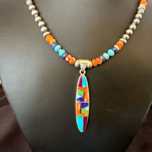 Navajo Spiny Oyster Turquoise Inlay Pendant Necklace | Sterling Silver | 21" | Authentic Native American Handmade | 16925