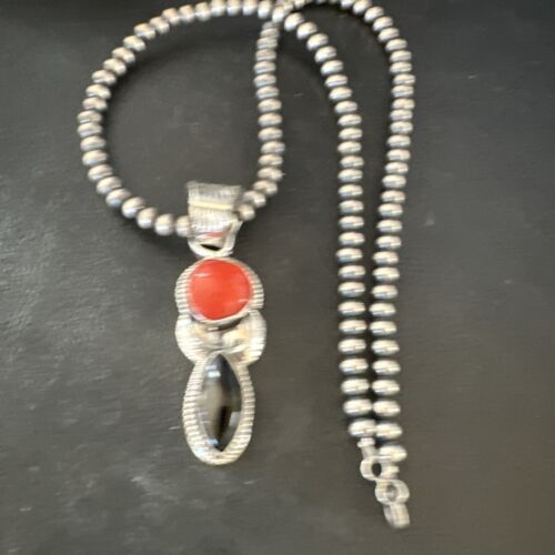 Navajo White Buffalo Coral Onyx Pearls Cluster Pendant | Sterling Silver | Native American Handmade | 15448