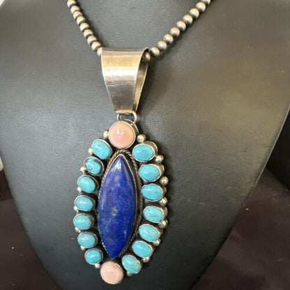 Navajo Multi-Stone Necklace | Lapis, Pink, Blue Turquoise | Sterling Silver | Authentic Native American Handmade | 17455