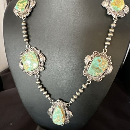 Navajo Green Royston Turquoise Pendant Necklace | Sterling Silver | Authentic Native American Handmade | 15252