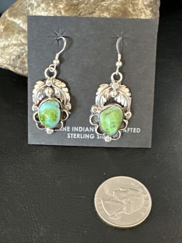 Navajo Green Sonoran Gold Turquoise Dangle Earrings | Sterling Silver | Authentic Native American Handmade | 14915