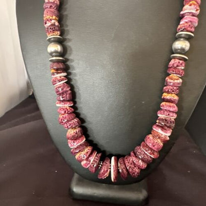 Navajo Purple Spiny Oyster Necklace | Sterling Silver Pearls | 22" | Authentic Native American Handmade | 16703