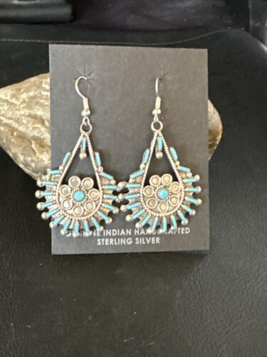 Zuni Kingman Turquoise Needle Point Dangle Earrings | Sterling Silver | Authentic Native American Handmade | 14876