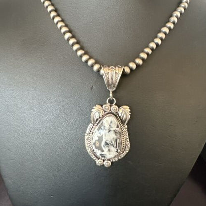 Navajo White Buffalo Turquoise Pendant Necklace | Sterling Silver | Authentic Native American Handmade | 17523