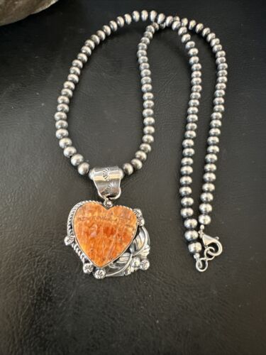 Navajo Orange Spiny Oyster Heart Pendant Necklace | Sterling Silver | Authentic Native American Handmade | 16422