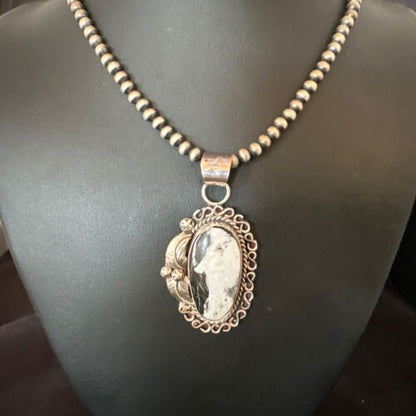 Navajo White Buffalo Turquoise Pendant Necklace | Sterling Silver | Authentic Native American Handmade | 15617