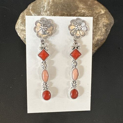 Navajo Red Pink Coral Mother of Pearl Dangle Earrings | Sterling Silver | Authentic Native American Handmade | 15327