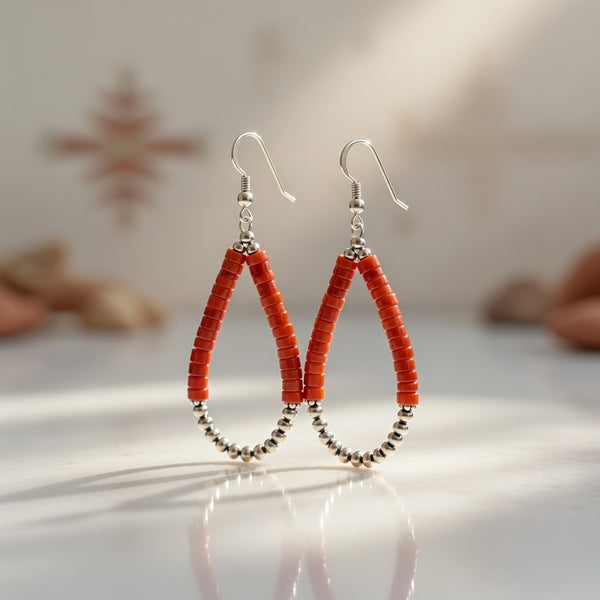 Southwestern Red Coral Dangle Earrings | Sterling Silver Heishi Bead | 2" | 14426