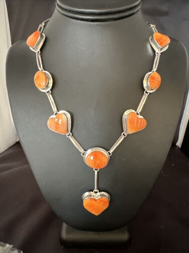 Navajo Lariat Necklace with Orange Spiny Oyster Earrings | Sterling Silver Pendant | 19" | Authentic Native American Handmade | 14955