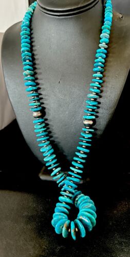 Blue Kingman Nugget Turquoise Necklace | Navajo Pearls | Sterling Silver | 30" | Authentic Native American | 17382