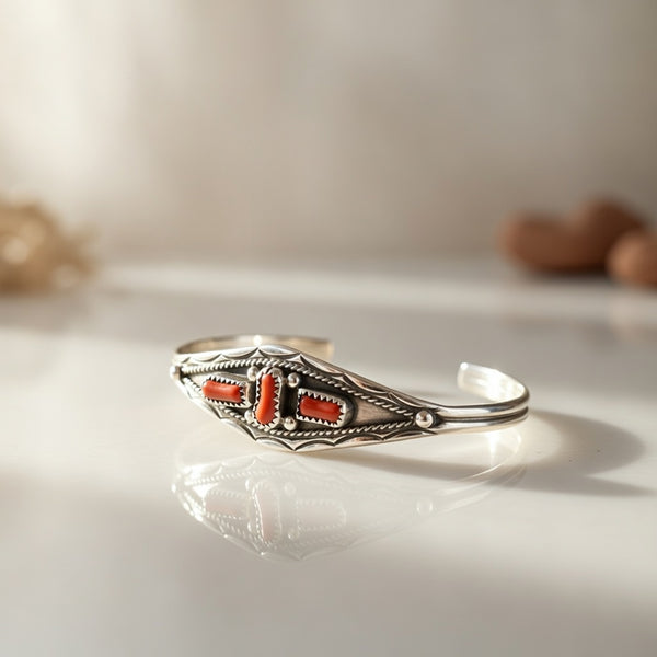 Native American Navajo Red Coral Cuff Bracelet | Sterling Silver | Authentic Handmade | 14592