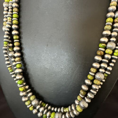 Navajo Pearls Green Turquoise Necklace | Sterling Silver | 3 Strand | 16403
