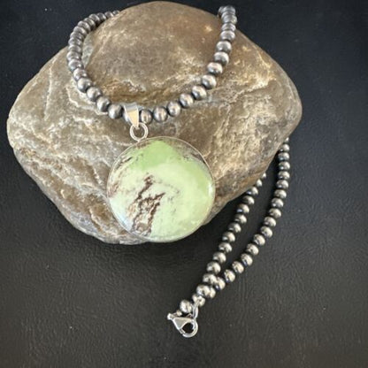 Navajo Green Gaspeite Pendant Necklace | Sterling Silver | Authentic Native American Handmade | 15492