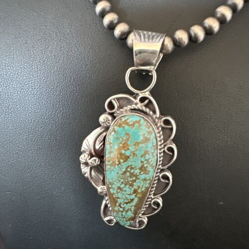 Navajo Blue Turquoise #8 Pendant | Sterling Silver Pearls Necklace | Authentic Native American Handmade | 15899
