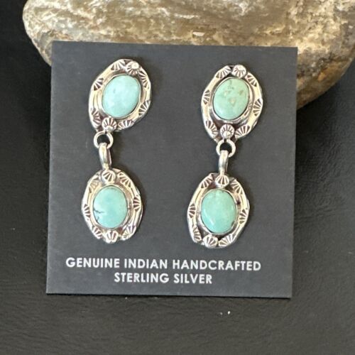 Dry Creek Turquoise Navajo Post Dangle Earrings | Sterling Silver | 1.5" | Authentic Native American Handmade | 17383