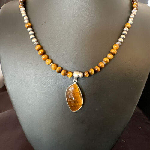 Southwestern Coffee Brown Tiger's Eye Pendant Necklace | Sterling Silver | 15868