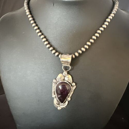 Navajo Purple Sugilite Pendant with Pearls | Sterling Silver Bead Necklace | Authentic Native American Handmade | 15413