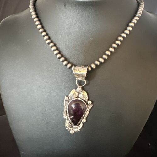 Navajo Purple Sugilite Pendant with Pearls | Sterling Silver Bead Necklace | Authentic Native American Handmade | 15413