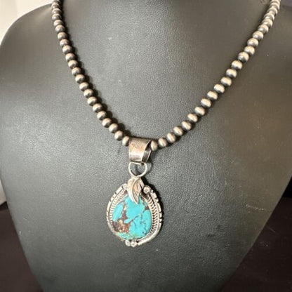 Navajo Blue Kingman Turquoise Pendant Necklace | Sterling Silver | Native American Handmade | 16023