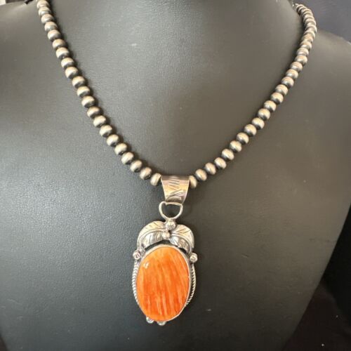 Navajo Orange Spiny Oyster Pendant Necklace | Sterling Silver | Authentic Native American Handmade | 15627