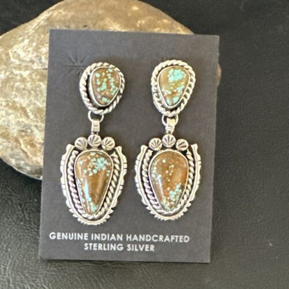 Navajo Blue Turquoise #8 Dangle Earrings | Sterling Silver | Authentic Native American Handmade | 17494