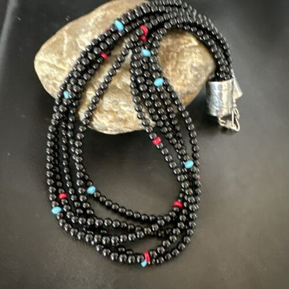 Navajo Black Onyx Turquoise Bead Necklace | Sterling Silver | 18" | Authentic Native American Handmade | 16821