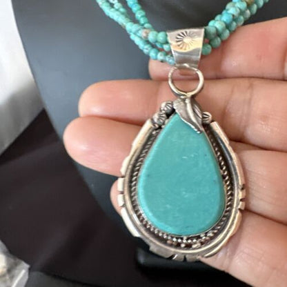 Navajo Blue Turquoise Pendant | Sterling Silver 3-Strand Bead Necklace | 17" | Authentic Native American Handmade | 15998