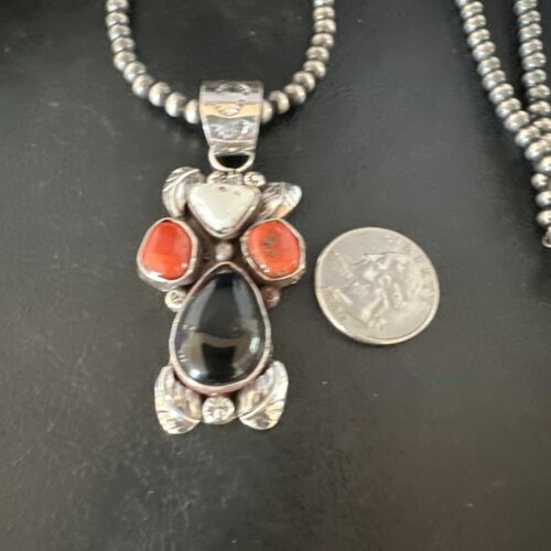 Navajo White Buffalo Coral Onyx Pearls Cluster Pendant | Sterling Silver | Native American Handmade | 15370