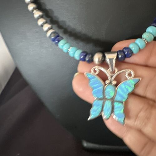 Navajo Opal Inlay Pendant Turquoise & Lapis | Sterling Silver Necklace | 16845
