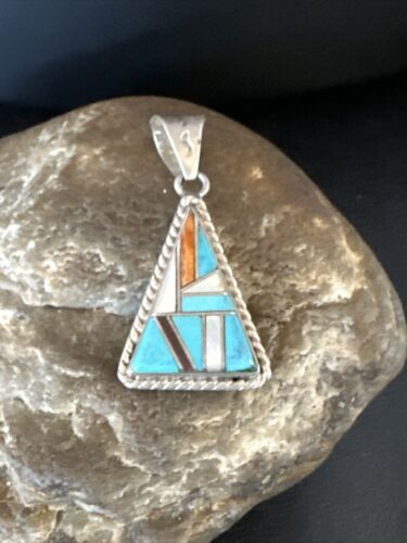 Navajo Blue Turquoise Spiny Mother of Pearl Inlay Pendant | Sterling Silver | Authentic Native American Handmade | 15195