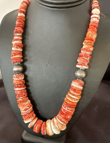 Navajo Red Spiny Oyster Graduated Necklace | Sterling Silver | Authentic Native American | 30" | 17405