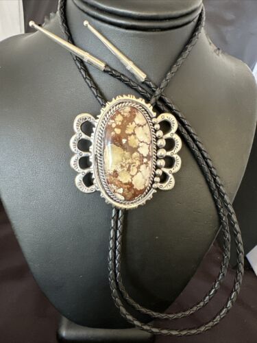 Navajo Men's Bolo Tie | Wild Horse Turquoise | Sterling Silver | Native American Handmade | 16757