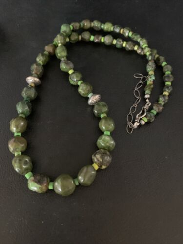 Navajo Green Spiderweb Turquoise Nugget Necklace | Sterling Silver | 23" | Authentic Native American Handmade | 14097
