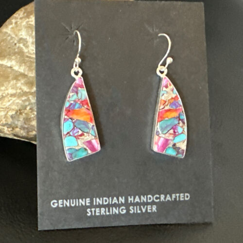 Navajo Blue Turquoise Red Spiny Oyster Inlay Dangle Earrings | Sterling Silver | 15575
