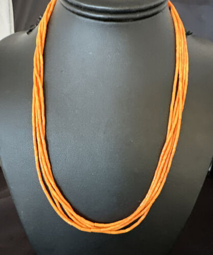 Navajo Orange Coral Tube Heishi Bead Necklace | 5 Strand | Sterling Silver | 20" | 16066