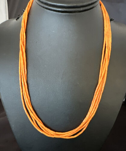 Navajo Orange Coral Tube Heishi Bead Necklace | 5 Strand | Sterling Silver | 20" | 16066