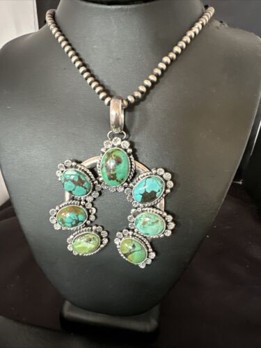 Men's Blue Spiderweb Turquoise Naja Pendant Necklace | Navajo Sterling Silver | 16950