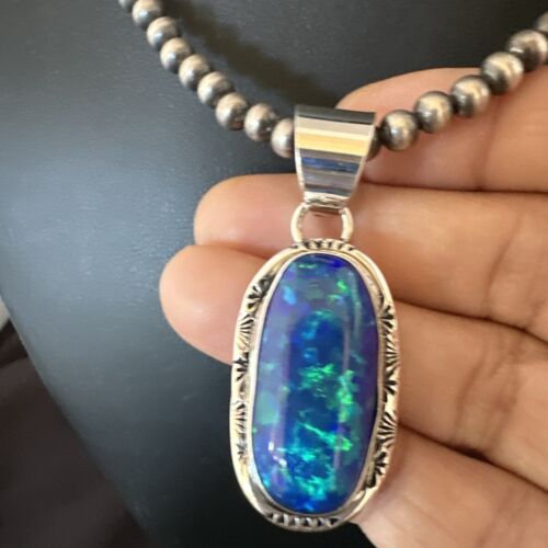 Men's Women's Blue Fire Opal Navajo Pendant | Sterling Silver | Authentic Native American Handmade | 16482